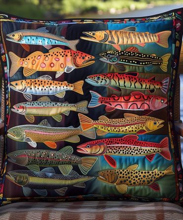 Rainbow Trout Stream Quilted Pillow Cover — Nature-Inspired Fishing Throw Pillowcase, Detailed Fish Art, Durable Fabric