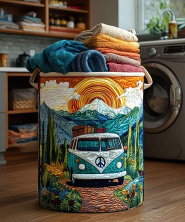 Rainbow Van Quilted Laundry Hamper — Colorful Camper Print Collapsible Basket With Strong Handles For Playful Bedroom & Dorm Storage