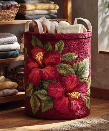 Red Bloom Quilted Laundry Hamper – Vibrant Floral Collapsible Fabric Basket, Washable Decorative Storage For Bedroom & Closet