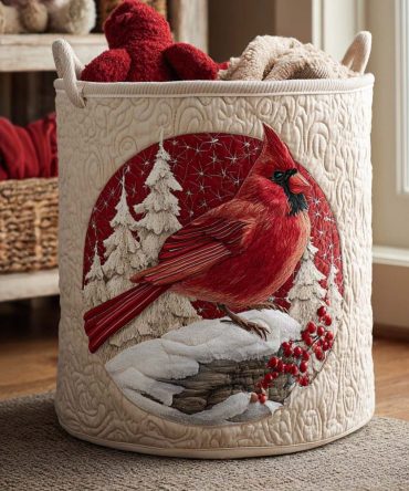 Red Cardinal Quilted Laundry Hamper — Bird & Nature Print Foldable Laundry Basket, Decorative Large-Capacity Home Organizer