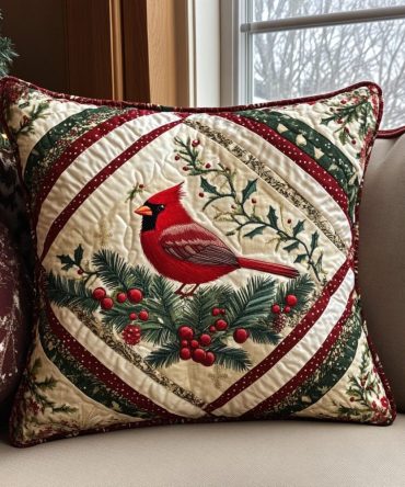 Red Feather Nest Quilted Pillow Cover — Elegant Cardinal & Feathers Holiday Throw Case For Stylish Seasonal Decor