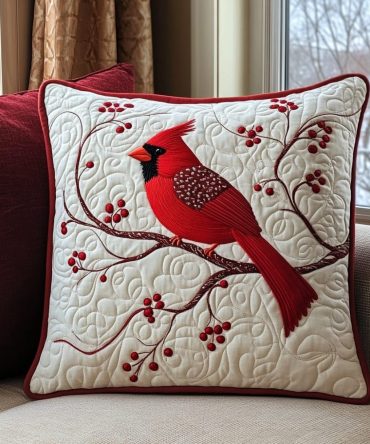 Red Feathered Winter Quilted Throw Pillow Cover — Festive Red Accent Cushion Case With Cozy Texture For Seasonal & Everyday Decor