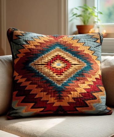 Red Mesa Crayon Quilted Pillow Cover - Southwestern Artisan Throw Pillowcase For Boho, Rustic & Colorful Living Spaces