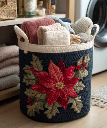 Red Poinsettia Quilted Laundry Hamper — Festive Floral Christmas Storage Basket, Foldable Decorative Hamper With Carry Handles