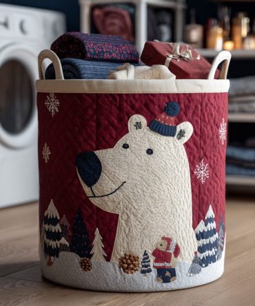Festive Red Polar Bear Quilted Laundry Hamper – Holiday-Themed Foldable Linen Basket, Washable With Sturdy Handles For Seasonal Storage
