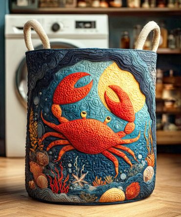 Red Shore Crab Quilted Laundry Hamper - Coastal Fabric Laundry Basket, Foldable Durable Storage For Bathroom & Beach