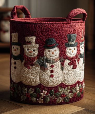 Red Snowman Parade Quilted Laundry Hamper - Festive Red Snowman Pattern Storage Basket, Durable Quilted Fabric Hamper