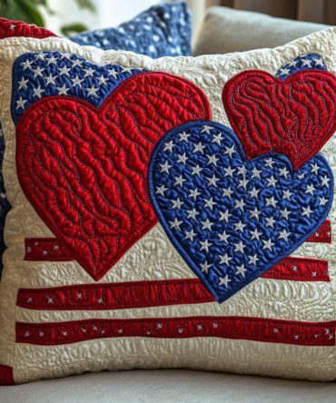 Red White Bloom Quilted Throw Pillow Cover — Patriotic Floral Quilted Accent, Soft Durable Fabric, Machine Washable, Seasonal Or Everyday