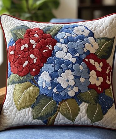 Patriotic Red, White & Blue Quilted Floral Pillow Cover — Premium Decorative Throw Pillowcase For Sofa, Bed & Patriotic Home Decor