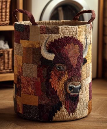 Regal Bison Portrait Quilted Laundry Hamper — Elegant Quilted Fabric Laundry Bin With Handles, Collapsible & Easy-Care Cover