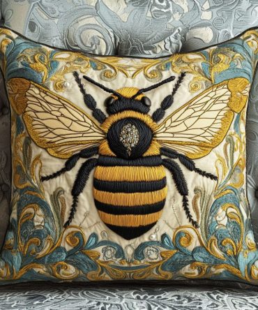 Regal Buzz Quilted Pillow Cover - Ornate Bee Motif Decorative Pillowcase For Elegant Country & Vintage Interiors