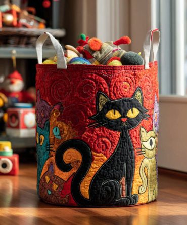 Regal Cat Quilted Laundry Hamper — Elegant Cat Motif Foldable Laundry Basket With Reinforced Handles, Decorative Home Organizer