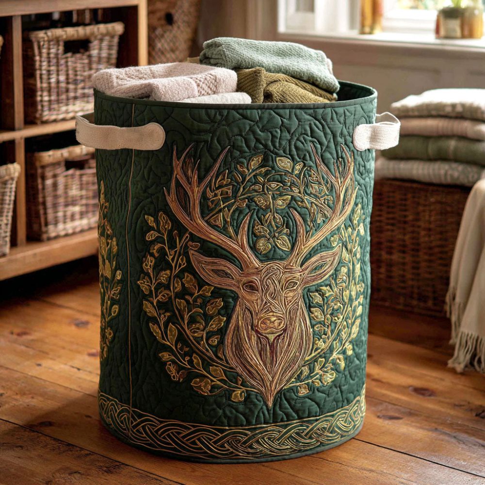 Luxury Quilted Laundry Hamper With Regal Stag Crest – Foldable Large-Capacity Washable Linen Basket With Sturdy Handles