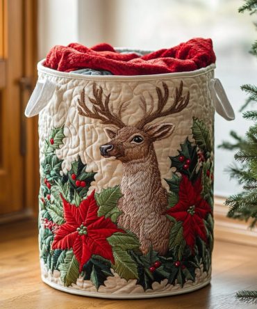 Reindeer Charm Quilted Laundry Hamper — Elegant Reindeer Holiday Fabric Basket, Collapsible Christmas Organizer With Handles