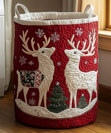 Reindeer Charm Quilted Laundry Hamper – Festive Collapsible Fabric Basket With Sturdy Handles, Holiday & Year-Round Storage Solution