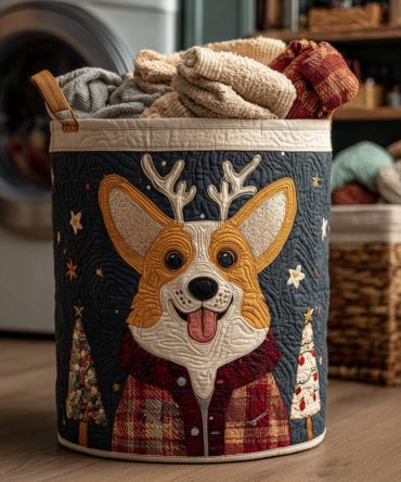 Festive Reindeer Corgi Quilted Laundry Hamper – Holiday Pet Print Fabric Basket, Sturdy Foldable Storage For Clothes & Gifts