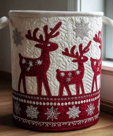 Reindeer Dream Quilted Laundry Hamper — Plush Fabric Holiday Storage Basket With Handles, Collapsible Design & Wipeable Liner For Home Use