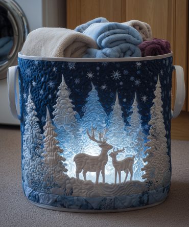 Reindeer Dreams Quilted Hamper — Cozy Reindeer Print Laundry Basket For Holiday Decor, Foldable Quilted Storage With Padded Handles