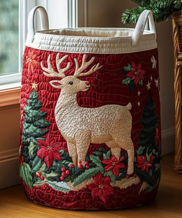 Reindeer Forest Quilted Laundry Hamper — Festive Reindeer & Forest Design Collapsible Laundry Basket With Reinforced Handles For Seasonal Or Everyday Use