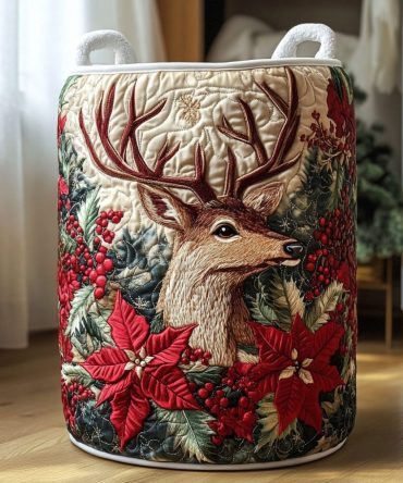 Festive Reindeer Quilted Laundry Hamper - Large Holiday Fabric Basket, Foldable Durable Christmas Storage Solution