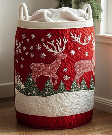 Reindeer Magic Quilted Laundry Hamper - Heavy-Duty Foldable Holiday Laundry Basket With Handles For Home & Dorm