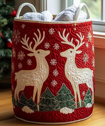 Reindeer Magic Quilted Laundry Hamper — Festive Collapsible Storage Basket With Reindeer Pattern, Reinforced Handles & Wipe-Clean Liner