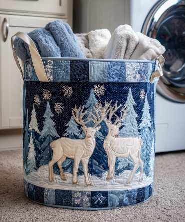 Nordic Reindeer Quilted Laundry Hamper — Rustic Collapsible Fabric Basket With Heavy-Duty Handles, Winter-Themed Storage For Home & Holidays