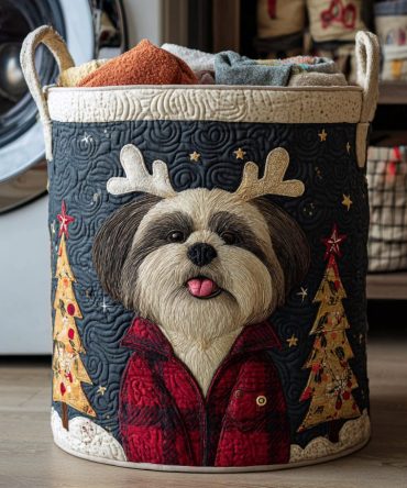 Reindeer Shih Tzu Quilted Laundry Hamper – Festive Animal Print Storage Basket, Foldable Holiday-Friendly Fabric Hamper With Handles