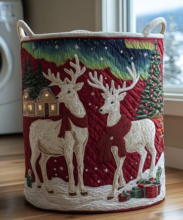 Reindeer Spirit Quilted Laundry Hamper — Rustic Holiday Storage Basket With Reindeer Motif, Collapsible Fabric Design & Durable Carry Handles