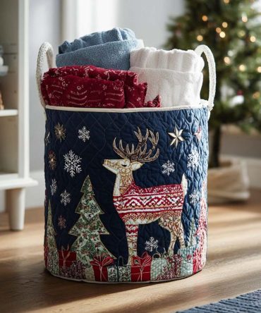 Reindeer Wishes Quilted Laundry Hamper - Festive Fabric Basket With Reindeer Design, Collapsible & Lined For Holiday Organization And Gift Giving
