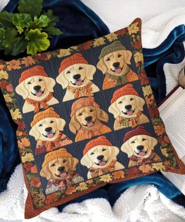 Golden Retriever Autumn Quilted Decorative Pillow Cover — Luxurious Throw Pillow Case For Living Room, Sofa & Bedroom, Machine-Washable
