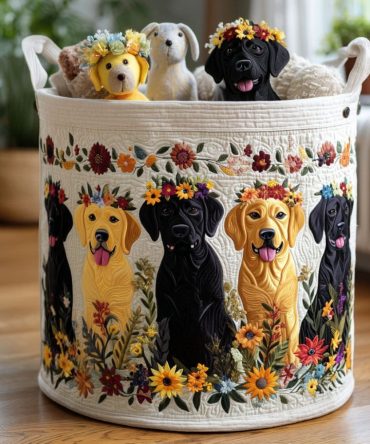 Retriever Cheer Quilted Laundry Hamper — Joyful Golden Retriever Print Foldable Laundry Basket, Decorative Storage For Home