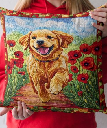 Golden Retriever Quilted Pillow Cover — Happy Dog Portrait Throw Pillow Sham, Soft Durable Cotton Accent For Living Room & Pet Spaces