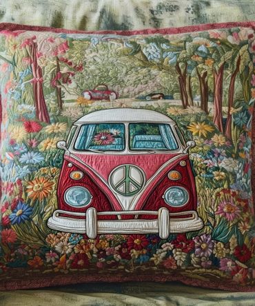 Retro Van Escape Quilted Pillow Cover — Vintage Camper Quilted Decorative Pillowcase For Travel-Inspired & Boho Living Spaces
