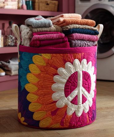 Vibrant Retro Boho Quilted Laundry Hamper — Hippie Print Collapsible Basket With Sturdy Handles For Roomy Bedroom & Dorm Storage