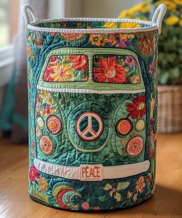 Retro Peace Bus Quilted Laundry Hamper — Vintage Collapsible Fabric Basket For Eclectic Bedrooms, Dorms & Stylish Toy Storage