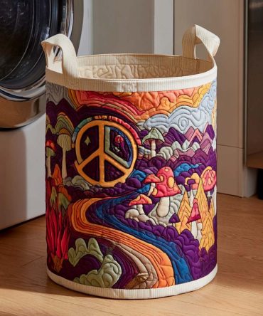 Retro Quilted Laundry Basket With Peacefield Glow Design — Foldable Vintage-Inspired Storage Hamper For Stylish Rooms