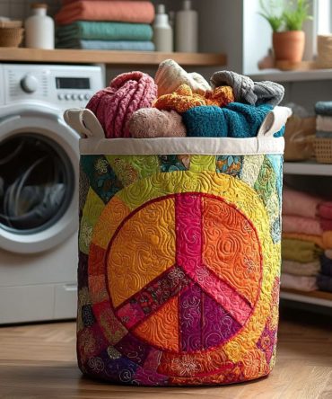 Retro Rainbow Peace Quilted Laundry Hamper — Multicolor Quilted Fabric Laundry Basket With Sturdy Handles, Collapsible Storage & Playful Design