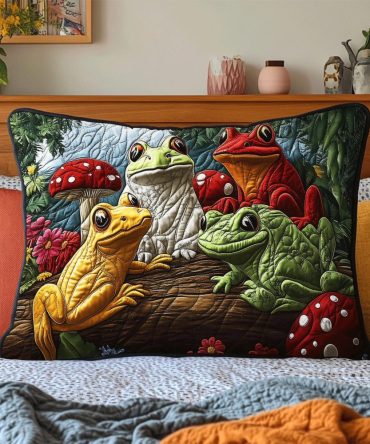 Froggy Meadow Quilted Pillow Cover — Ribbit Radiance Frog & Lily Design, Cute Decorative Pillowcase For Kids, Nursery & Cottage