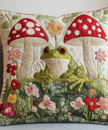 Ribbit Rest Quilted Throw Pillow Cover — Calming Frog Design With Textured Stitching, Decorative Cushion Cover For Relaxing Spaces