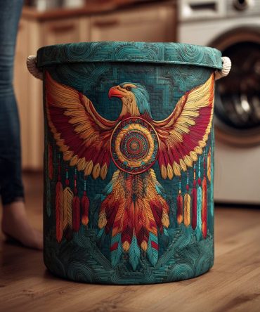 Rising Dawn Quilted Eagle Laundry Basket — Sunrise Feather Design Collapsible Hamper, Durable Decorative Fabric Storage For Home