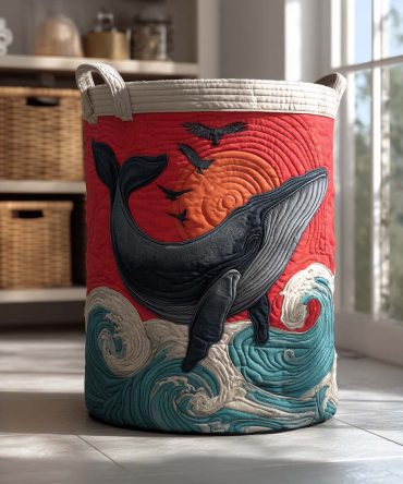 Rising Whale Quilted Laundry Hamper – Ocean-Inspired Quilted Fabric Basket, Collapsible Hamper With Comfortable Handles