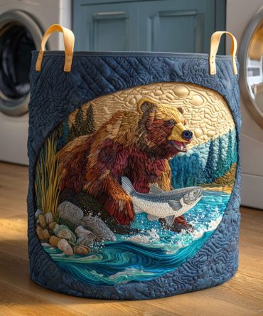 River Bear Quilted Laundry Hamper - Waterproof-Look Quilted Fabric Basket, Collapsible Storage For Clothes, Toys & Bathroom