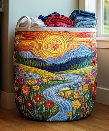 River Bloom Quilted Hamper — Serene Botanical Print Fabric Laundry Basket, Lightweight Collapsible Storage With Handles For Home
