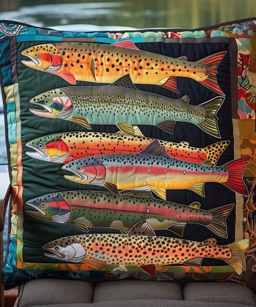 River Gems Quilted Pillow Cover — Gem-Toned Fish Motif Throw Pillowcase, Luxurious Texture For Home & Cabin Styling