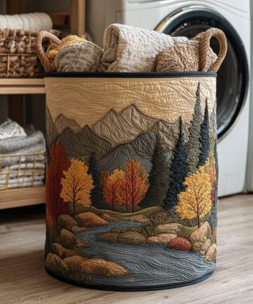 River Path Quilted Laundry Hamper – Tranquil River Print Foldable Laundry Basket For Bathroom, Bedroom & Cottage Decor