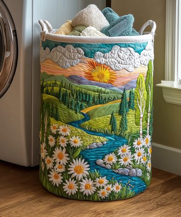 River Serenity Quilted Laundry Hamper — Calm Watercolor Fabric Basket, Large Collapsible Laundry Organizer With Handles, Durable & Washable