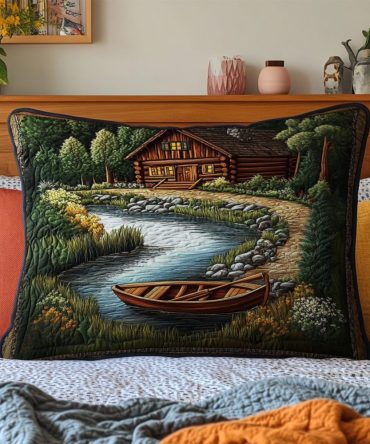 Riverside Cabin Boat Quilted Pillow Cover - Scenic Lakeside Lodge Sham For Cabin Bedrooms, Rustic Nautical Accent, Durable Soft Finish