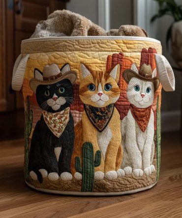 Rodeo Cat Quilted Laundry Hamper — Western Cat-Print Collapsible Laundry Basket, Durable Cotton-Blend Storage For Home & Kids' Rooms
