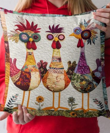 Rooster Garden Charm Quilted Pillow Cover — Farmhouse Rooster Print Throw Pillowcase For Kitchen, Patio & Country Home Decor